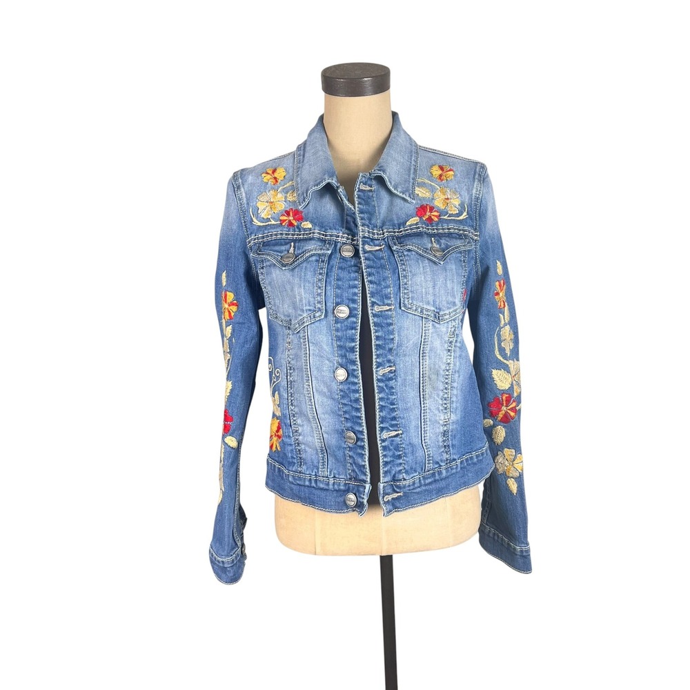 Driftwood Womens Floral Embroidered Denim Jacket Medium Wash Blue XL Boho